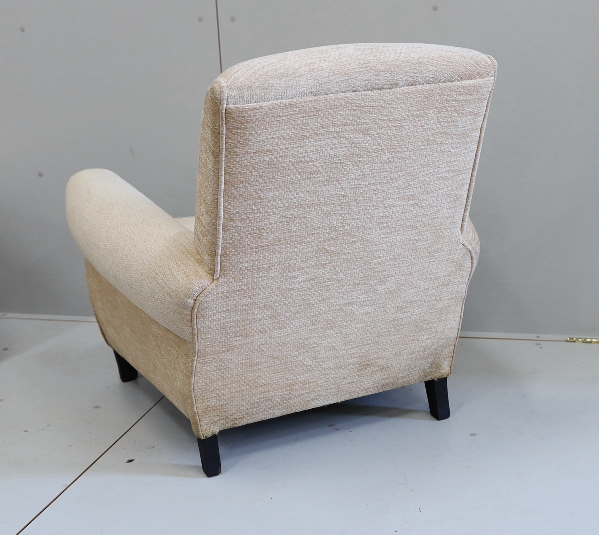 A pair of 1950's Italian armchairs in Bugatti style, width 84cm, depth 86cm, height 78cm